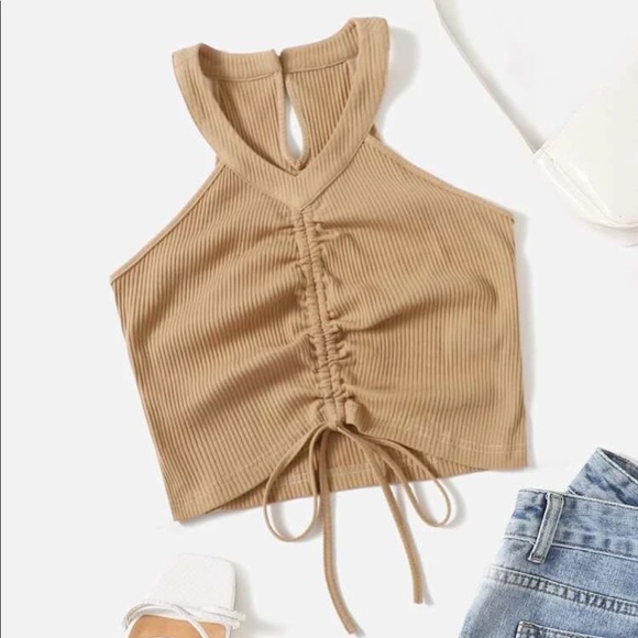 Vici Tops - New Cute V-Neck Drawstring Ruched Stretchy Crop Top in Khaki
